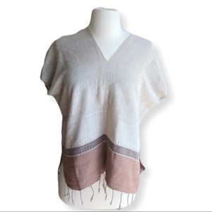 Hand loomed tribal top w fringe | beige & brown
